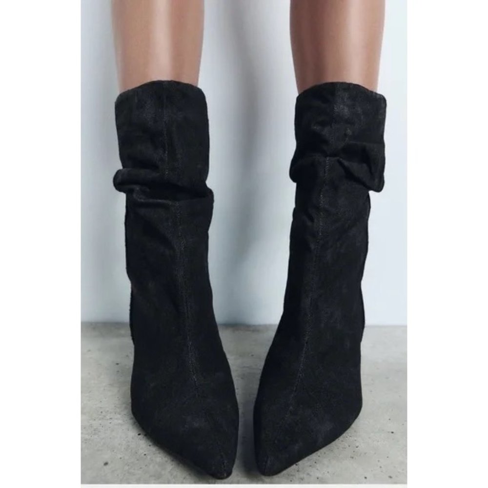 Zara Black Mid-Shaft Denim Ankle Boots Black NWT